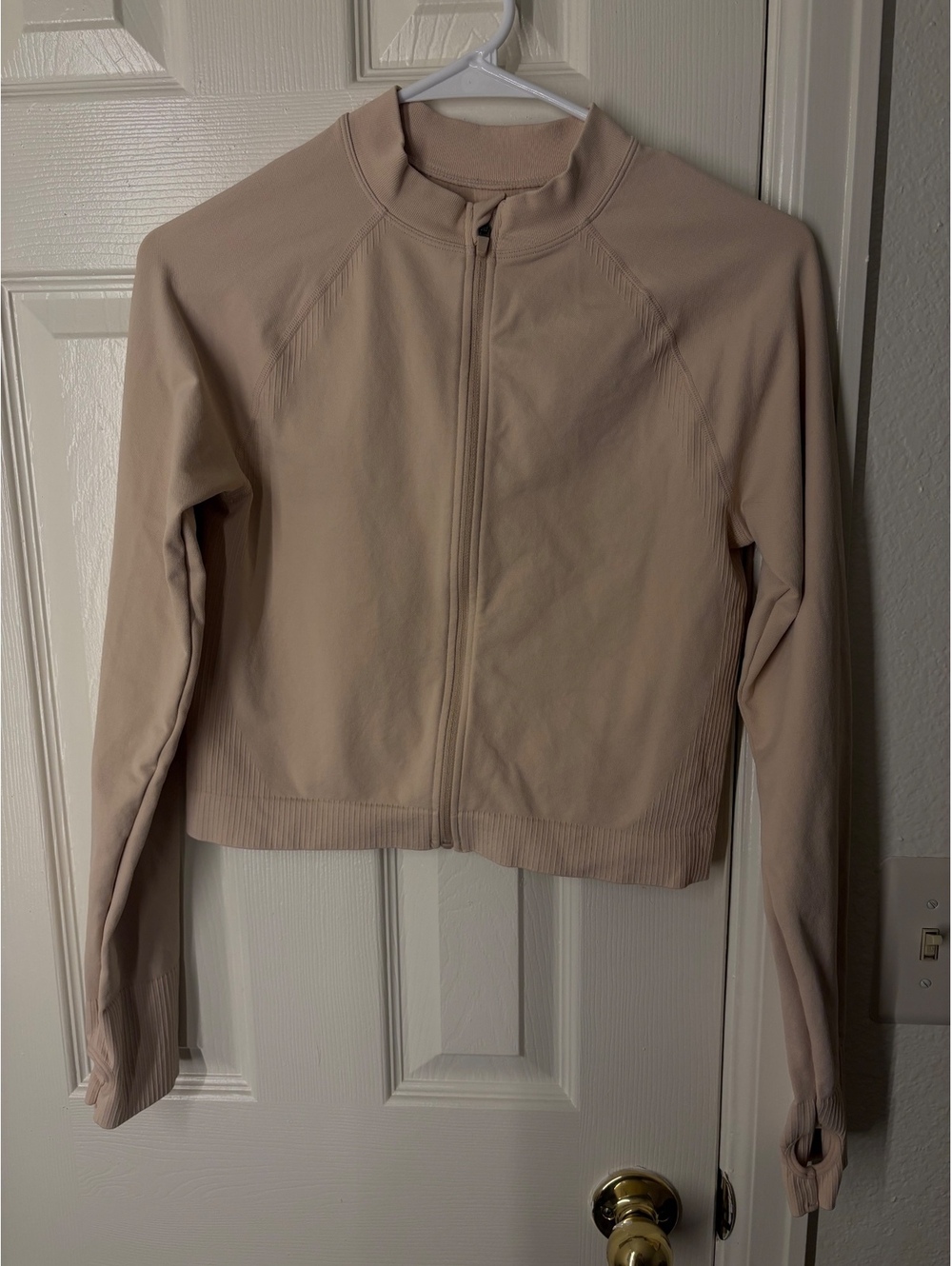 Beige Women’s  Lightweight Zip-Up Jacket with Thumb Holes, Size S